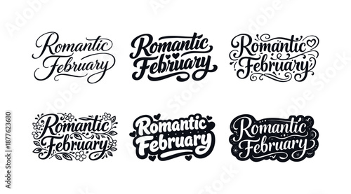 Romantic February Lettering. Romantic February. Set lettering. harmonious lettering variations of the same emblematic concept, each with different artistic