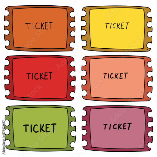 Hand-drawn cartoon set of colored tickets on a white background.