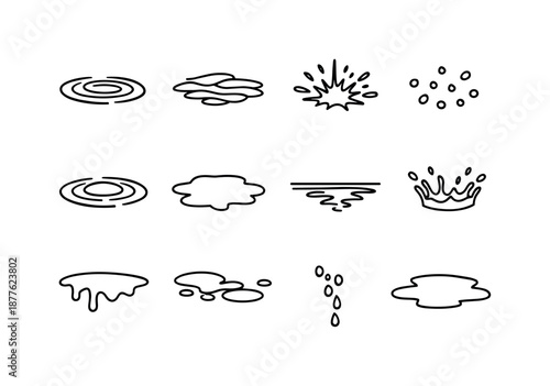 Puddle Texture Icons. Puddle textures. Line icon set of Puddle textures: smooth ripple, broken ripple, splash burst, tiny droplet scatter, wave ring, uneven