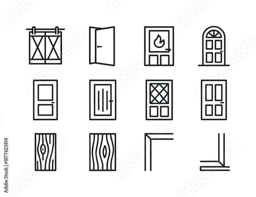 Wooden Door Icons. wooden door. Line icon set of wooden door: sliding barn door, swing door, fire door, exterior door, interior door, reinforced door, stained