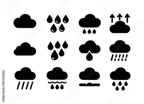 Rain Formation Icons. Rain formation. Solid icon set of rain formation: cloud icon, water vapor, condensation droplets, rising air, cumulus cloud, coalescence