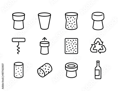 Bottle Cork Icons. Bottle Cork. Line icon set of Bottle Cork: classic cork plug, tapered cork, wine bottle cork, champagne cork, corkscrew tool, cork removal
