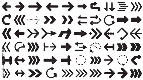 A collection of black arrow icons arranged in a grid pattern showcasing various directions and styles