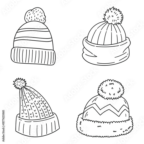 Hand-drawn doodle set of winter hats on a white background.