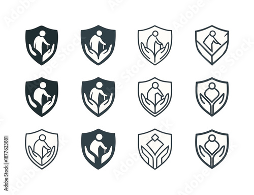 Elderly Care Icon Set. Elderly care and support. Icon set. Set Logo of elderly care and support: supportive shield. harmonious logo variations of the same