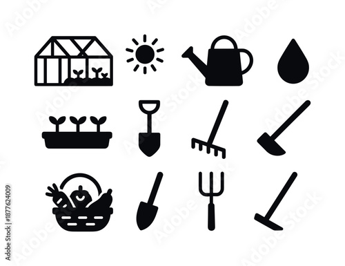 Farm Greenhouse Icons. A small farm with a hand-built greenhouse for growing vegetables. Solid icon set of a small farm with a hand-built greenhouse for