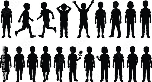 Children silhouette collection showing boys standing walking running playing gestures isolated black kids figures vector illustration set