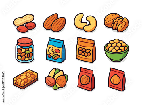Colorful Nut Snack Icons. Nut snacks. Colorful isometric vector icons set of nut snacks: peanuts, almonds, cashews, walnuts, pistachios, hazelnuts, mixed nuts