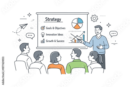 Strategy Meeting Presentation. Strategy meeting presentation. One leader presenting key strategy points on a screen while the team listens, clear communication