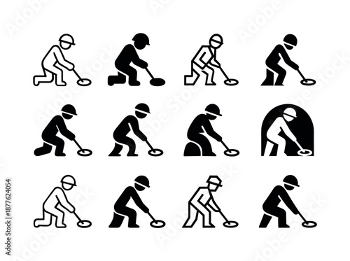 Sapper Icon Design. Sapper. Icon set. Set Logo of sapper: mine detector. harmonious logo variations: Minimal outline, Filled silhouette, Abstract geometric,