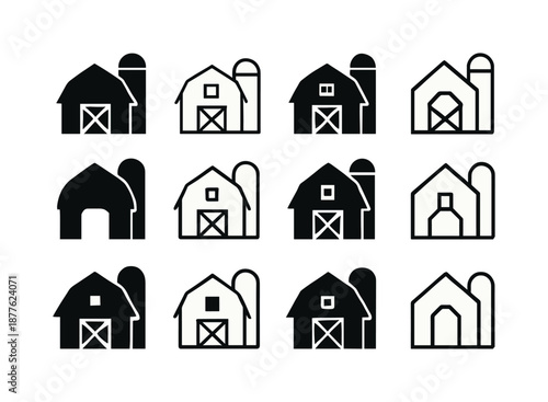 Barn and Silo Icons. Barn and silo. Icon set. Set Logo of Barn and silo: Frontal barn with silage tower: Filled silhouette, Minimal outline, Stylized detail,