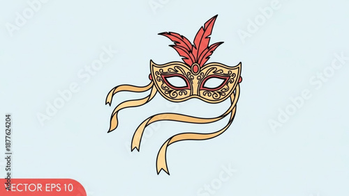 Golden Venetian Carnival Mask with Red Feather on Light Background, Vector Illustration