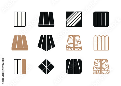 Wooden Deck Iconography. A wooden deck. Icon set. Set Logo of a wooden deck: deck board texture motif. harmonious logo variations of the same emblematic