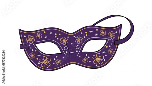 Purple Masquerade Mask with Golden Stars and Floral Patterns Isolated on White