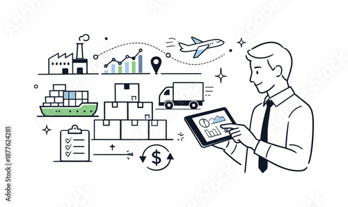 Supply Chain Analysis. Data-driven supply visibility. A professional analyzing real-time supply data on a tablet while goods icons align neatly. Calm