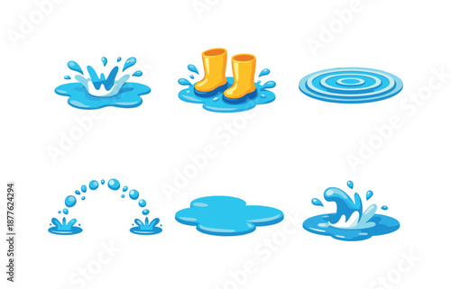 Water Play Icons. Water play. Isometric flat vector icons set of water play: jumping splash puddle, child boots splash, expanding ripple rings, water droplets