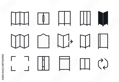 Folding Screen Icons. Folding screen. Line icon set of folding screen: four-panel divider, mid-panel hinge, panel pattern stripes, screen support foot, angular