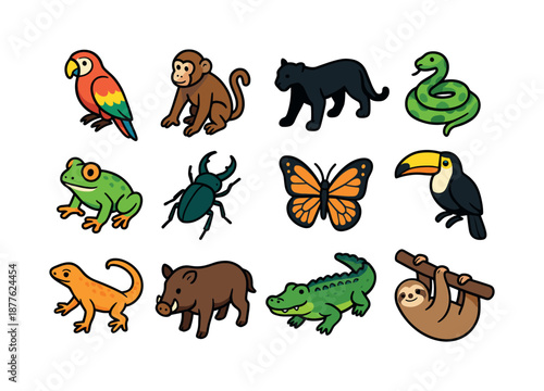 Jungle Icon Set. jungle wildlife. Colorful isometric vector icons set of jungle wildlife: parrot, monkey, jaguar silhouette, snake coil, frog,