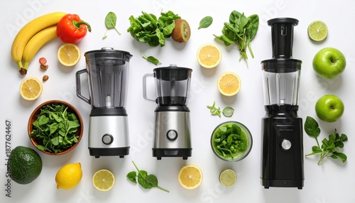 Three Kitchen Blenders Surrounded by Fresh Fruits and Leafy Greens on a White Background