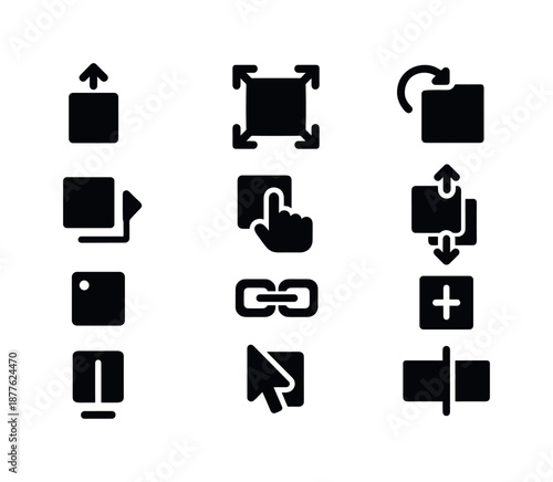 Layer Interaction Icons. Layer interactions. Solid icon set of layer interactions: move layer, scale icon, rotate icon, flip icon, drag layer, layer reorder