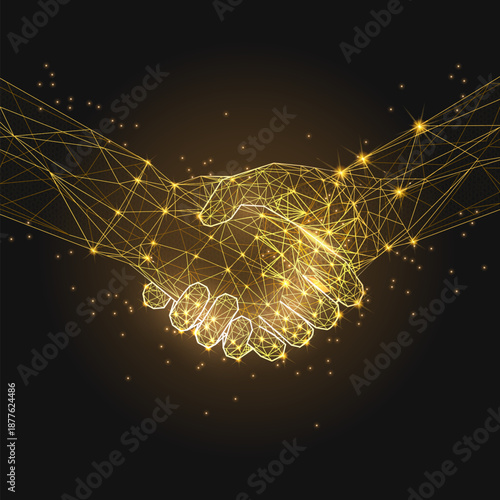 Premium golden low-poly handshake glowing on a dark background. This futuristic illustration symbolizes a secure digital deal, professional trust, global networking, and successful corporate collabora