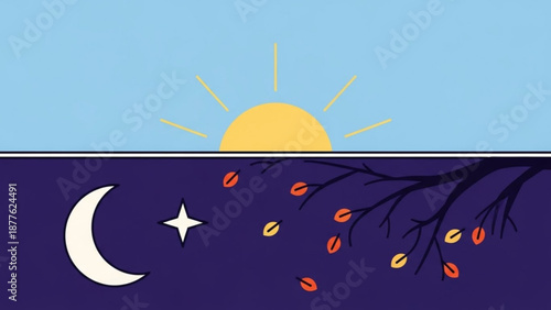 Sunset over Dark Landscape with Falling Leaves and Crescent Moon