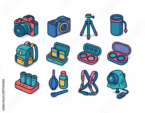 Camera Gear Icons. Travel camera gear. Colorful isometric vector icons set of travel camera gear: DSLR camera, mirrorless body, tripod, lens pouch, camera