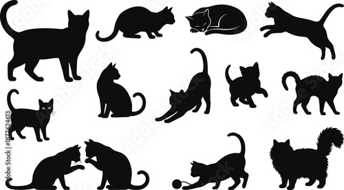 Cat silhouette collection showing playful sitting sleeping jumping poses isolated black feline pet vector illustration set for design decoration branding