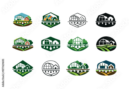 Farm Icon Variations. A small farm with a hand-built greenhouse for growing vegetables. Icon set. Set Logo of A small farm with a hand-built greenhouse for