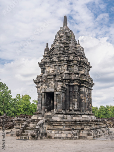 Vertical landscape view of ancient apit or flank temple in historic Candi Sewu buddhist temple complex, Prambanan, Klaten, Central Java, Indonesia