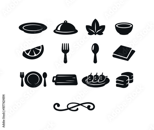 Shrimp Skewer Icons. Shrimp skewer plating. Solid icon set of shrimp skewer plating: serving plate, platter, garnish leaf, dipping sauce bowl, lemon wedge,
