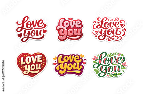 Love Sticker Variations. Love Message Stickers. Set lettering. harmonious lettering variations of the same emblematic concept, each with different artistic