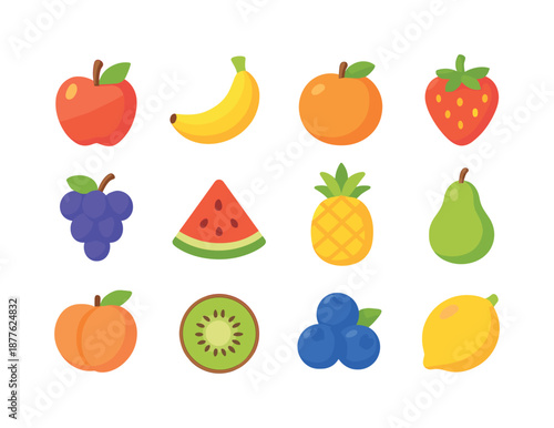 Vibrant Fruit Icons. Fruits. Colorful flat vector icons set of Fruits: apple, banana, orange, strawberry, grapes, watermelon slice, pineapple, pear, peach,