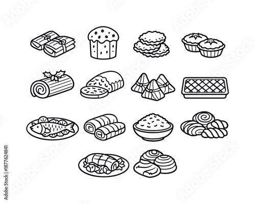 Festive Food Icons. Holiday feasts. Line icon set of international holiday foods: tamales, panettone, latkes, mince pies, yule log cake, stollen bread, rice