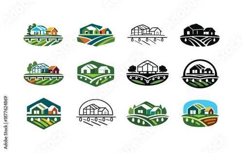 Farm Icon Variations. A small farm with a hand-built greenhouse for growing vegetables. Icon set. Set Logo of A small farm with a hand-built greenhouse for