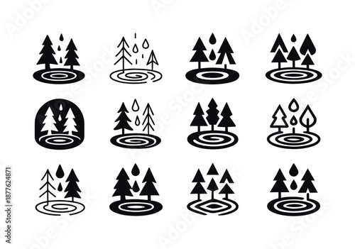 Rainforest Icon Variations. Rain showers in forests and wetland areas. Icon set. Set Logo of rain showers in forests and wetland areas: pond ripples from