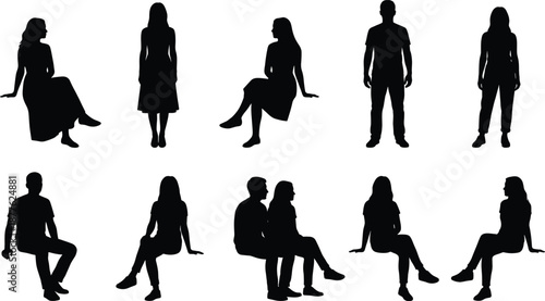 Casual people silhouettes collection showing men and women sitting standing relaxing in everyday poses isolated modern lifestyle vector illustration