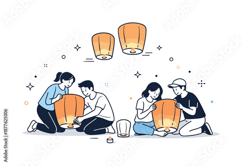 Serene Lantern Lighting. People lighting lanterns together. A small group carefully lighting paper lanterns before releasing them. Calm ritual moment and