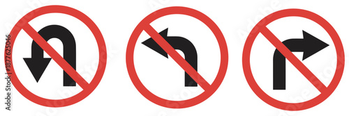No left right and U turn traffic sign symbol, prohibitory icons with red crossed-out circle arrows, suitable for road safety, traffic illustration.