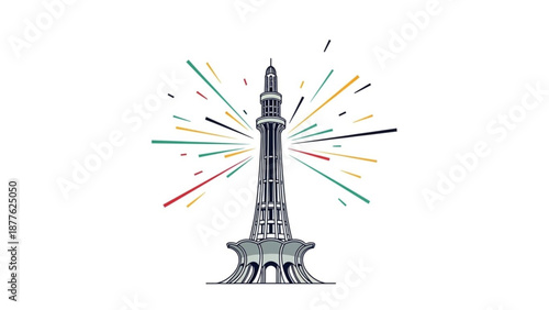 Pakistan Monument Tower Illustration with Colorful Lines Isolated on White