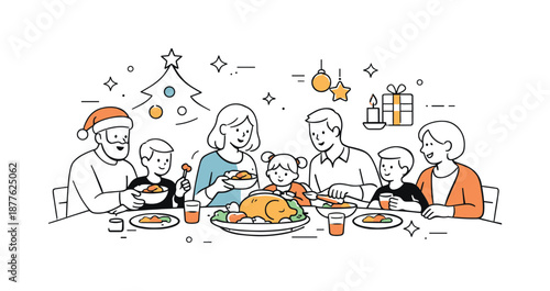 Christmas Family Dinner. Family dinner at Christmas with children. Adults and children sitting together, sharing food and attention. Generational bonding and