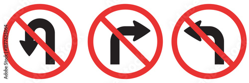 No left right U turn road sign symbol, prohibitory traffic icons with red crossed circle arrows, perfect for traffic safety, signage, illustration.