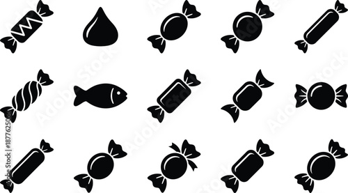 Candy silhouettes set featuring wrapped sweets chocolate drops and fish shaped candies isolated dessert snack black vector illustration