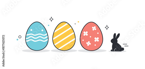 Minimalist Easter Illustration. Minimal Easter eggs illustration. Simple egg shapes with light patterns and a small bunny silhouette nearby, creating a quiet