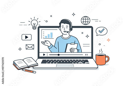 Online Education Scene. Online lesson with instructor. Teacher appearing on a laptop screen guiding learners through content remotely. Calm digital education