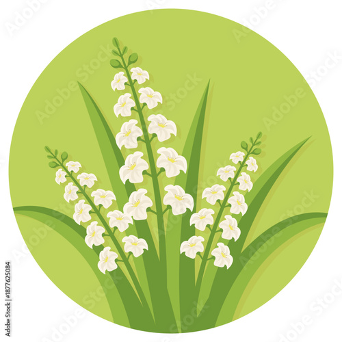 Lily of the valley flowers in green circle frame spring botanical round icon flat vector.