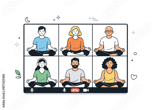 Virtual Group Meditation. Group meditation online. People meditating together through a video call interface with calm expressions. Remote mindfulness and