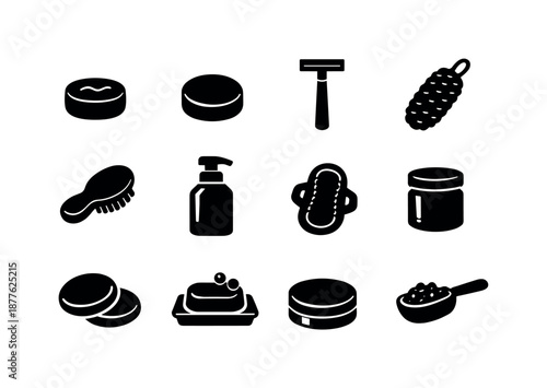 Plastic-Free Bathroom Essentials. Plastic-free bathroom. Solid icon set of Plastic-free bathroom: shampoo bar, conditioner bar, bamboo razor, loofah, natural