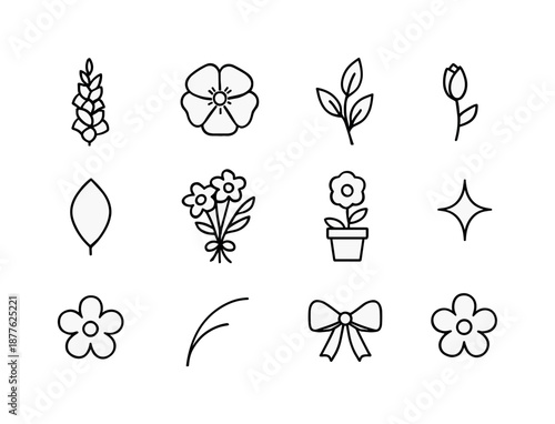 August Flower Icons. August birth flowers. Line icon set of august birth flowers: gladiolus, poppy, leaf sprig, bud, petal shape, bouquet, flower pot, star
