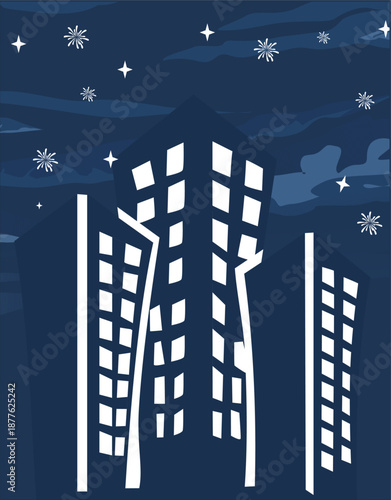 New Year's Eve Party city view with fireworks, new year's eve background.